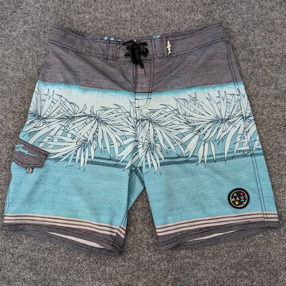 MAUI & SONS Board Short Men's 32 (34) Gray Blue 4 Way Stretch Logo Tie Waist - Picture 1 of 16